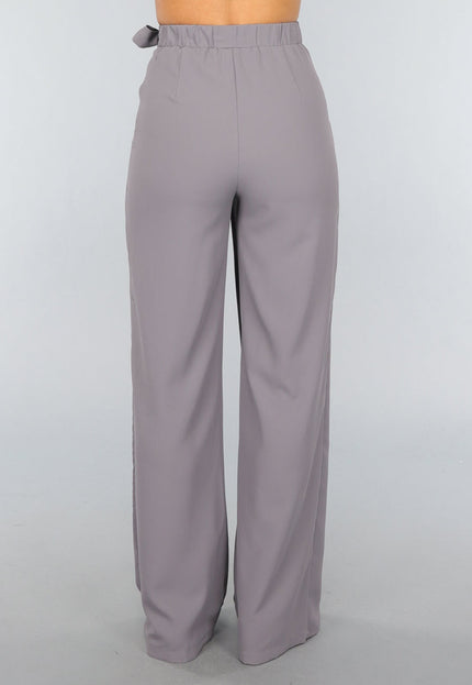 OP=OP.! Grijze Pantalon met Wijde Pijpen en Strikdetail