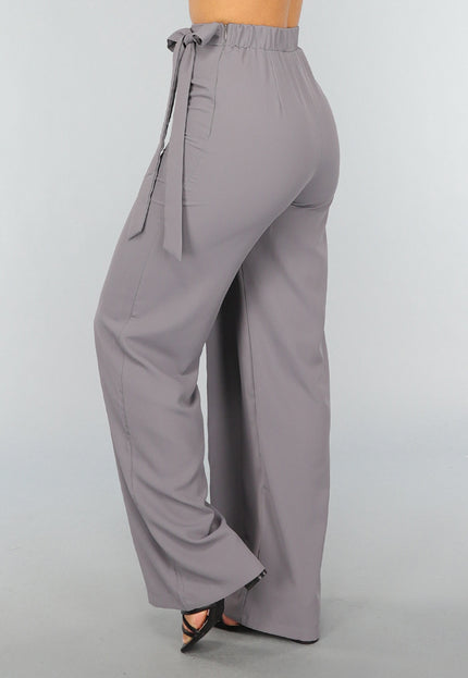 OP=OP.! Grijze Pantalon met Wijde Pijpen en Strikdetail