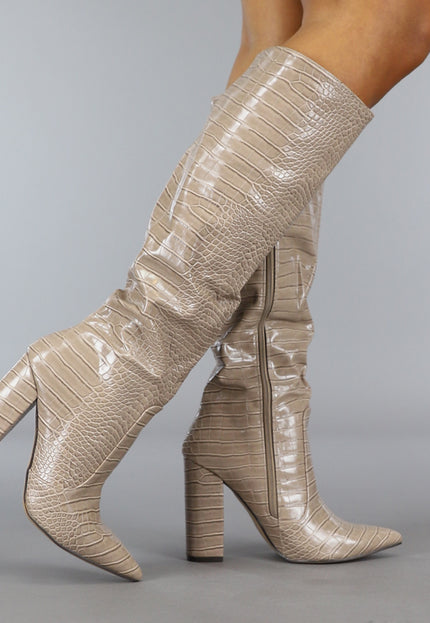 OP=OP.! Khaki Croco Laars met Spitse Neus