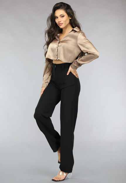 OP=OP.! Khaki Cropped Blouse met Knoopsluiting