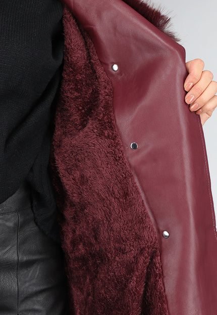 OP=OP.! Lange Wijnrode Lederlook Trenchcoat met Bont