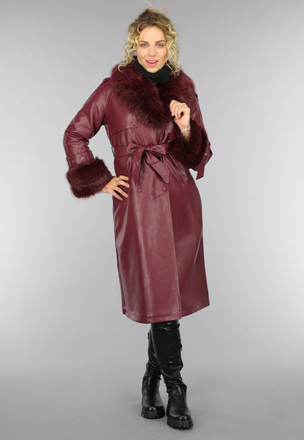 OP=OP.! Lange Wijnrode Lederlook Trenchcoat met Bont