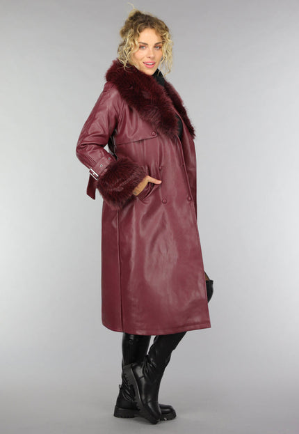 OP=OP.! Lange Wijnrode Lederlook Trenchcoat met Bont
