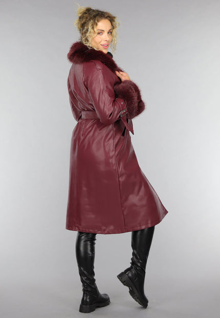 OP=OP.! Lange Wijnrode Lederlook Trenchcoat met Bont