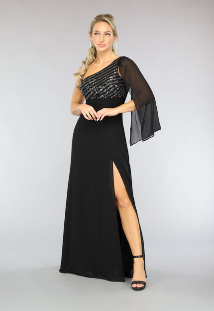 OP=OP.! Lange Zwarte One Sleeve Chiffon Jurk