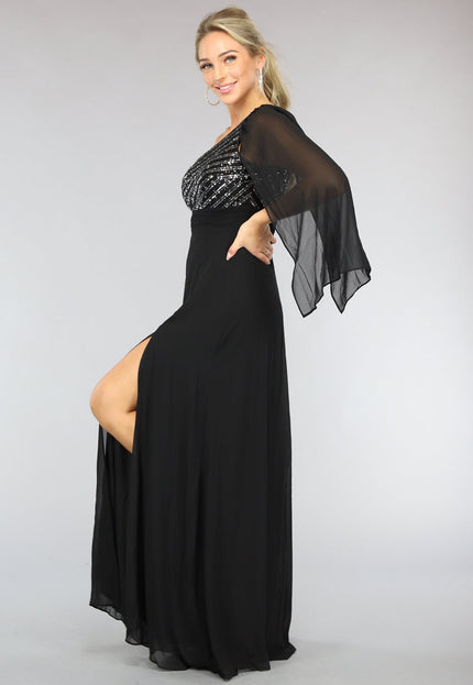 OP=OP.! Lange Zwarte One Sleeve Chiffon Jurk