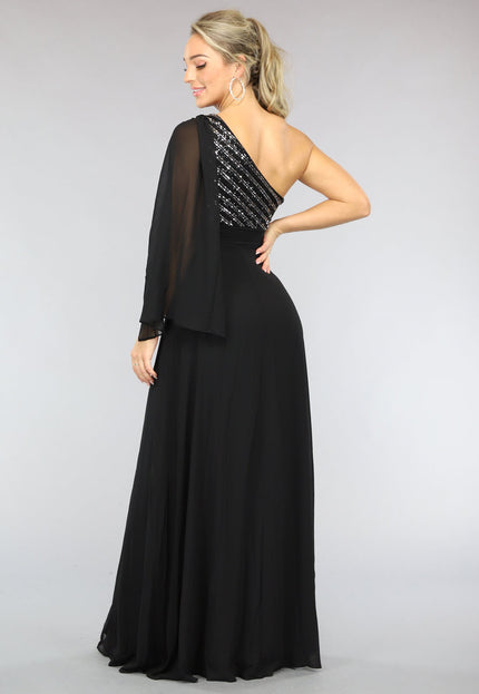 OP=OP.! Lange Zwarte One Sleeve Chiffon Jurk