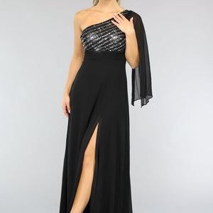 OP=OP.! Lange Zwarte One Sleeve Chiffon Jurk