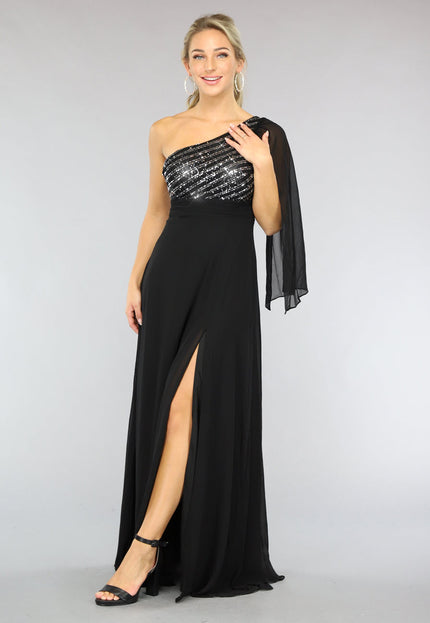 OP=OP.! Lange Zwarte One Sleeve Chiffon Jurk