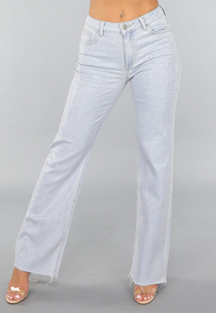 OP=OP.! Lichtblauwe Wide Leg Mid Waist Strass Jeans