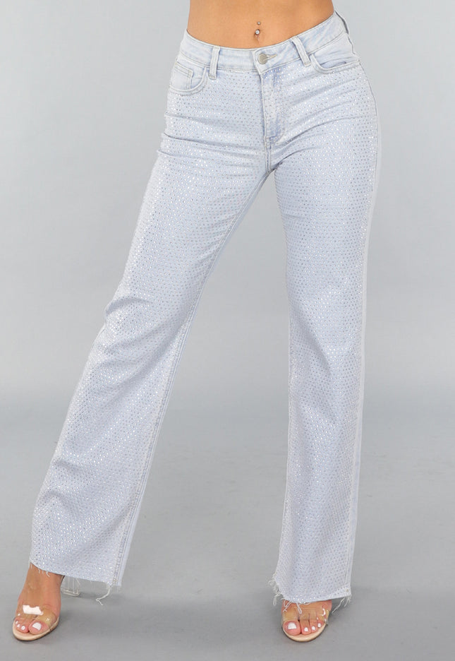 OP=OP.! Lichtblauwe Wide Leg Mid Waist Strass Jeans