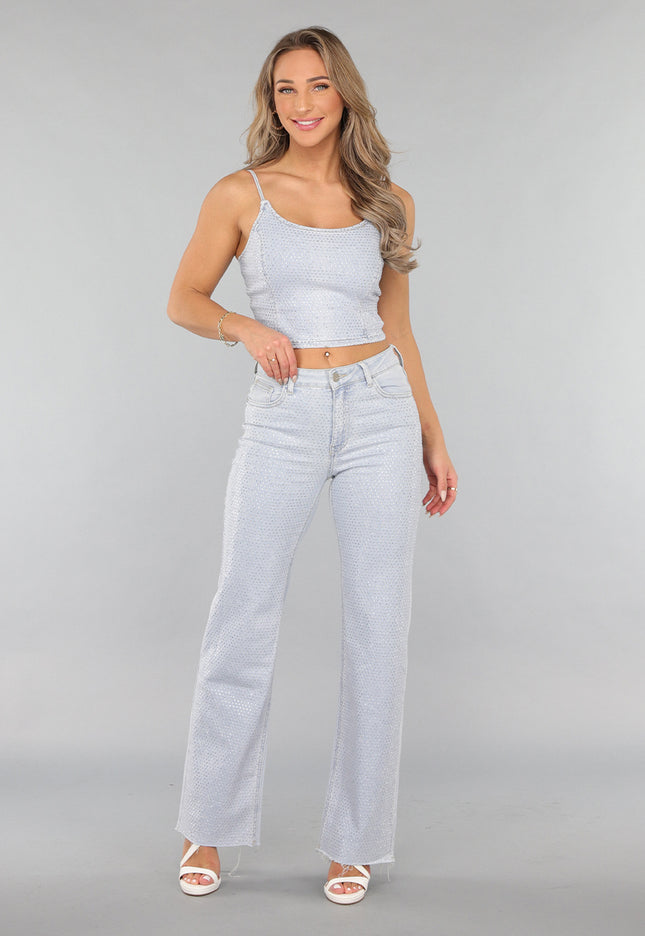 OP=OP.! Lichtblauwe Wide Leg Mid Waist Strass Jeans