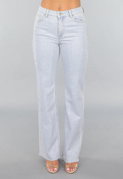 OP=OP.! Lichtblauwe Wide Leg Mid Waist Strass Jeans