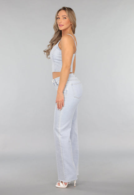 OP=OP.! Lichtblauwe Wide Leg Mid Waist Strass Jeans