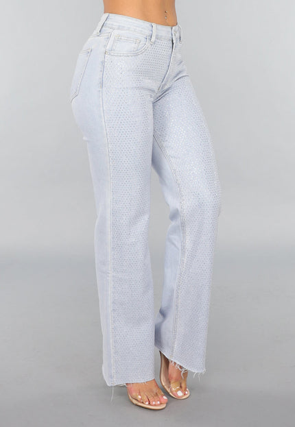 OP=OP.! Lichtblauwe Wide Leg Mid Waist Strass Jeans