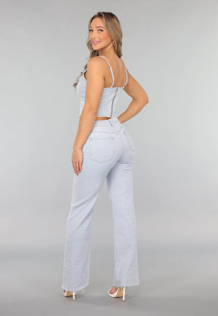 OP=OP.! Lichtblauwe Wide Leg Mid Waist Strass Jeans