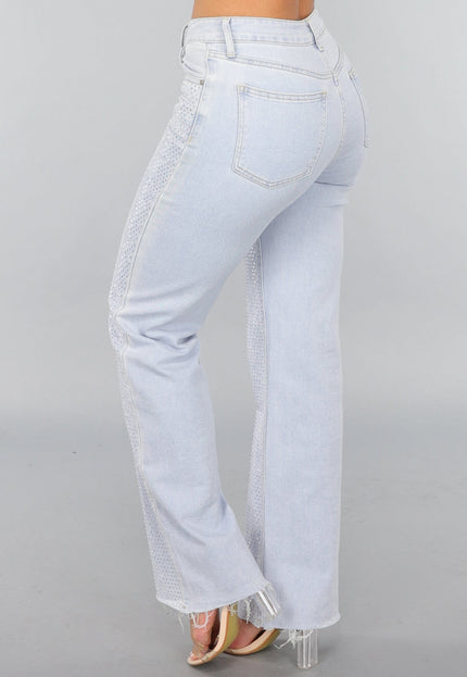OP=OP.! Lichtblauwe Wide Leg Mid Waist Strass Jeans
