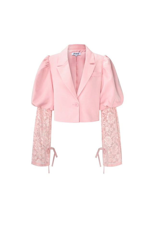 OP=OP.! Lichtroze Korte Blazer met Kanten Mouwen