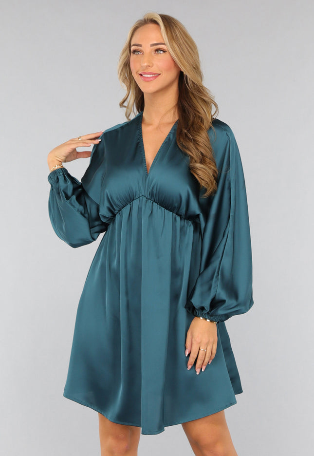 OP=OP.! Petrol Satin Jurk met Lange Mouwen