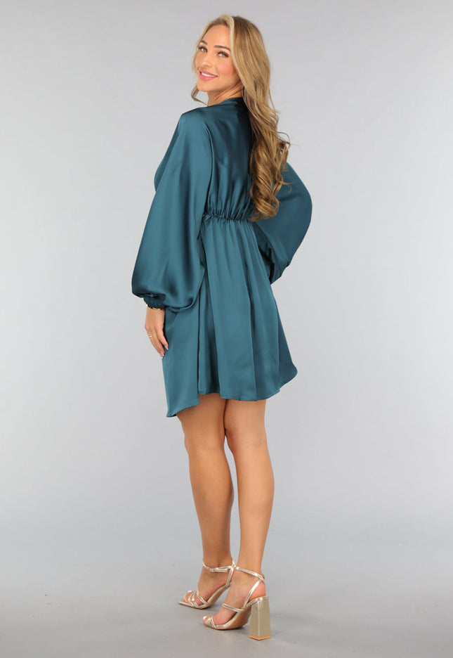 OP=OP.! Petrol Satin Jurk met Lange Mouwen