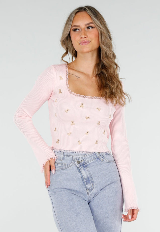 OP=OP.! Rib Top met Teddybeertjes Roze