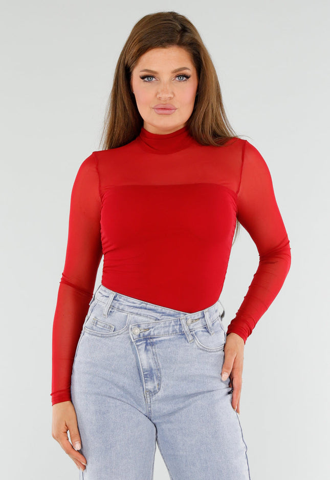 OP=OP.! Rode Mesh Top Met Hoge Hals