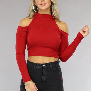 OP=OP.! Rode Ribstof Top met Off Shoulder Detail