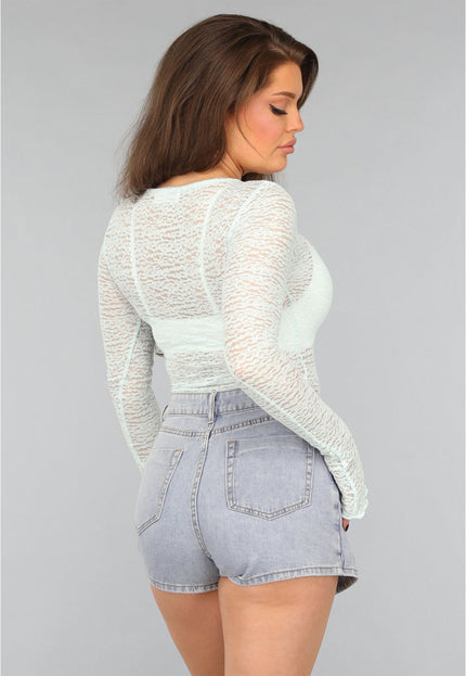 OP=OP.! See Through Lichtblauwe Kanten Longsleeve Top
