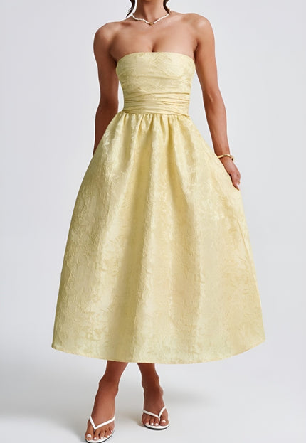 OP=OP.! Strapless Butter Yellow Jacquard Jurk