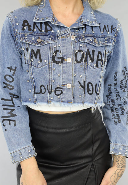 OP=OP.! Strass Jeans Jasje met Tekst Opdruk