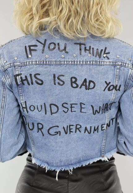 OP=OP.! Strass Jeans Jasje met Tekst Opdruk