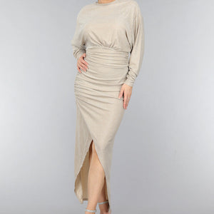 OP=OP.! Strass Maxi Jurk met Overslag Split in Champagne