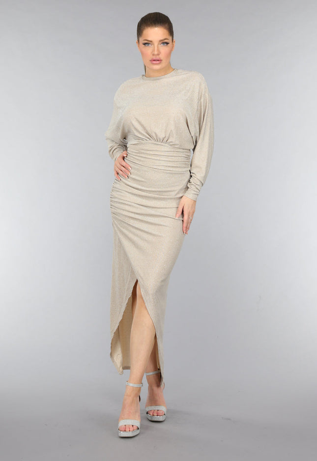 OP=OP.! Strass Maxi Jurk met Overslag Split in Champagne