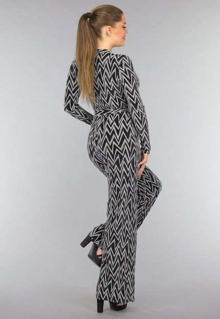 OP=OP.! Stretch Jumpsuit met Zilveren Zigzag Glitters