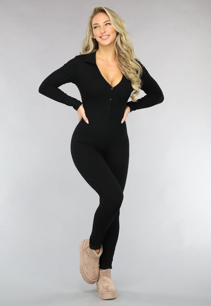 OP=OP.! Stretchy Zwarte Rib Jumpsuit