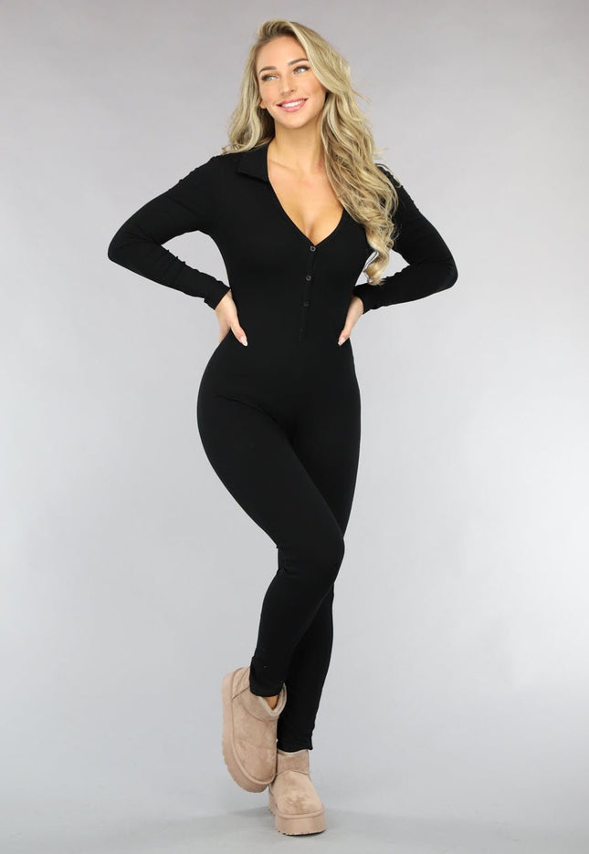 OP=OP.! Stretchy Zwarte Rib Jumpsuit