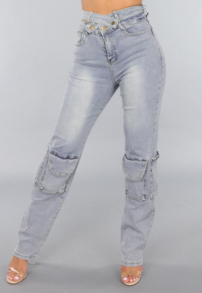 OP=OP.! Tall Blauwe Denim Cargo Jeans met Overslag Taille