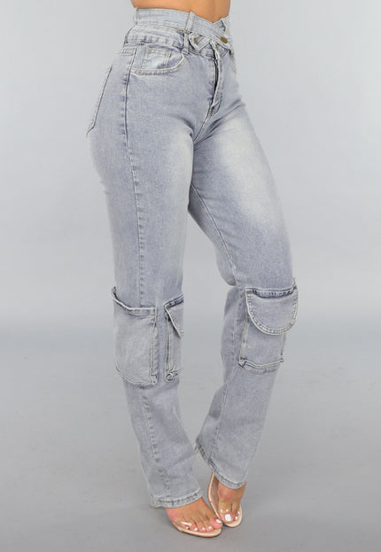OP=OP.! Tall Blauwe Denim Cargo Jeans met Overslag Taille