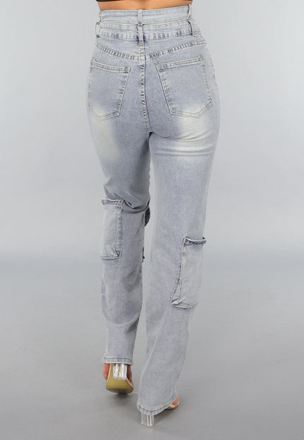 OP=OP.! Tall Blauwe Denim Cargo Jeans met Overslag Taille