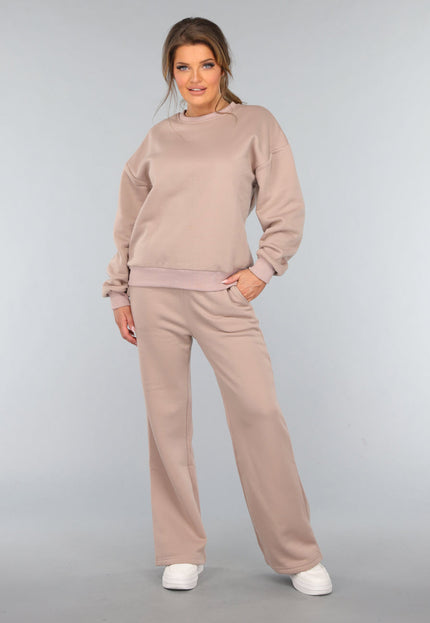 OP=OP.! Taupe Joggingpak met Wijduitlopende Broek
