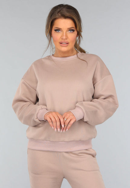 OP=OP.! Taupe Joggingpak met Wijduitlopende Broek