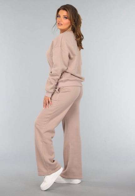 OP=OP.! Taupe Joggingpak met Wijduitlopende Broek