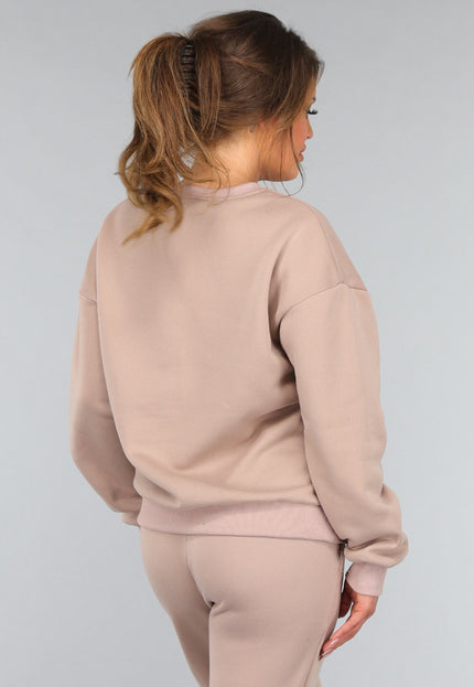 OP=OP.! Taupe Joggingpak met Wijduitlopende Broek
