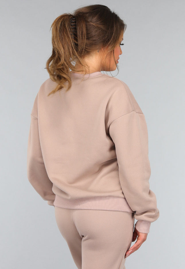 OP=OP.! Taupe Joggingpak met Wijduitlopende Broek