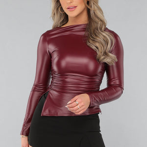 OP=OP.! Wijnrode Longsleeve Top van Vegan Leer