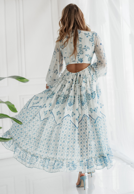 OP=OP! Witte Ruches Jurk met Cut Out en Blauwe Print