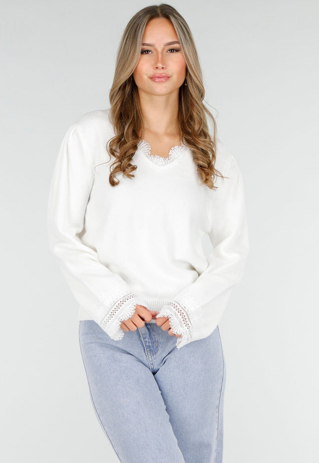 OP=OP.! Witte Stretch Trui met Kant