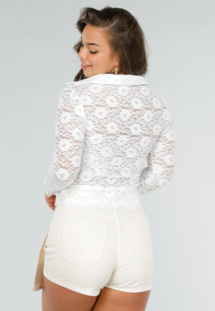 OP=OP.! Witte Transparante Kanten Blouse met Lange Mouwen