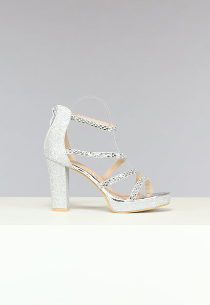 OP=OP.! Zilveren Glitter Sandaletten met Strass Bandjes