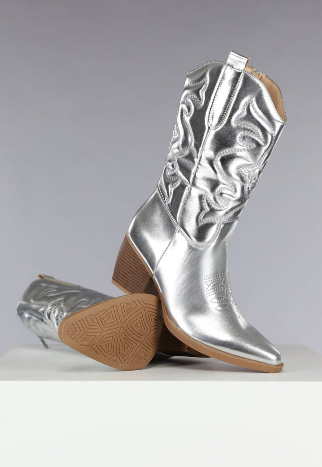 OP=OP.! Zilveren Metallic Cowboylaarsjes
